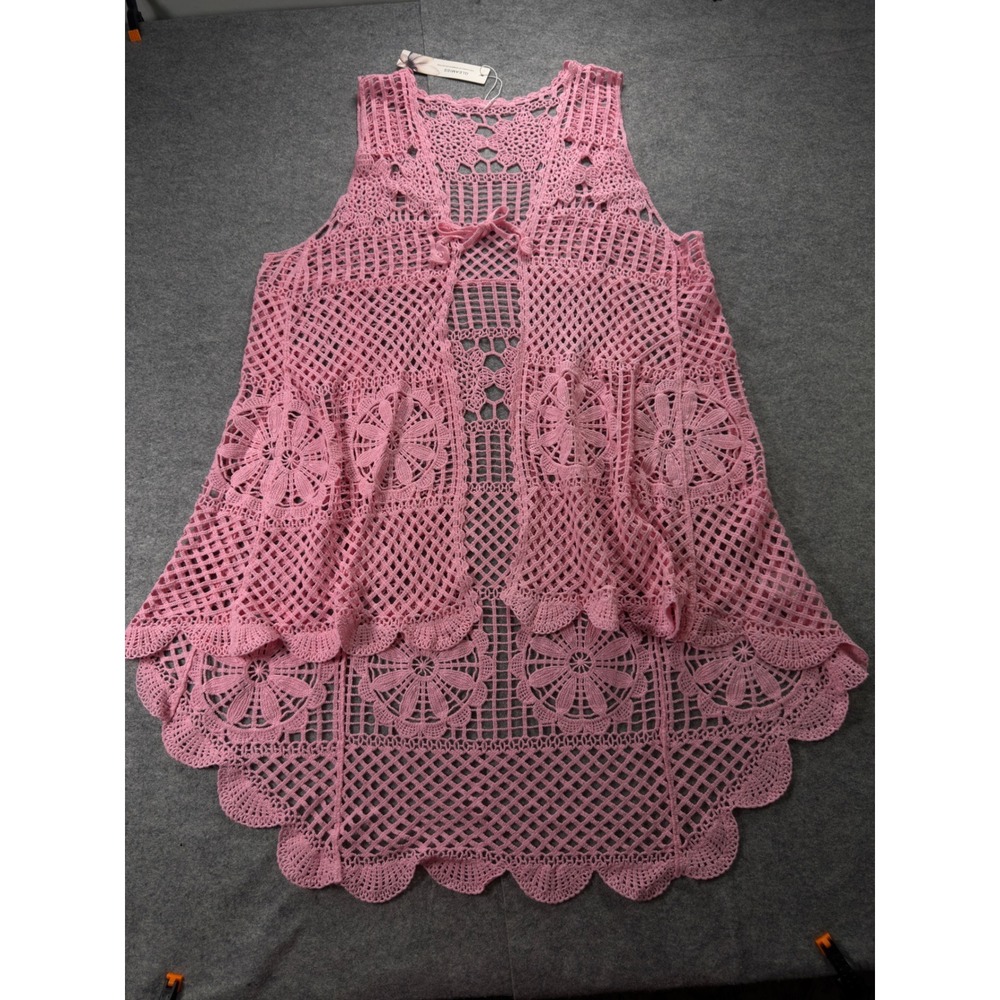 GLEAMISS Crochet Vest Women One Size Pink Boho Open Knit Front Tie Layering - Picture 2 of 11